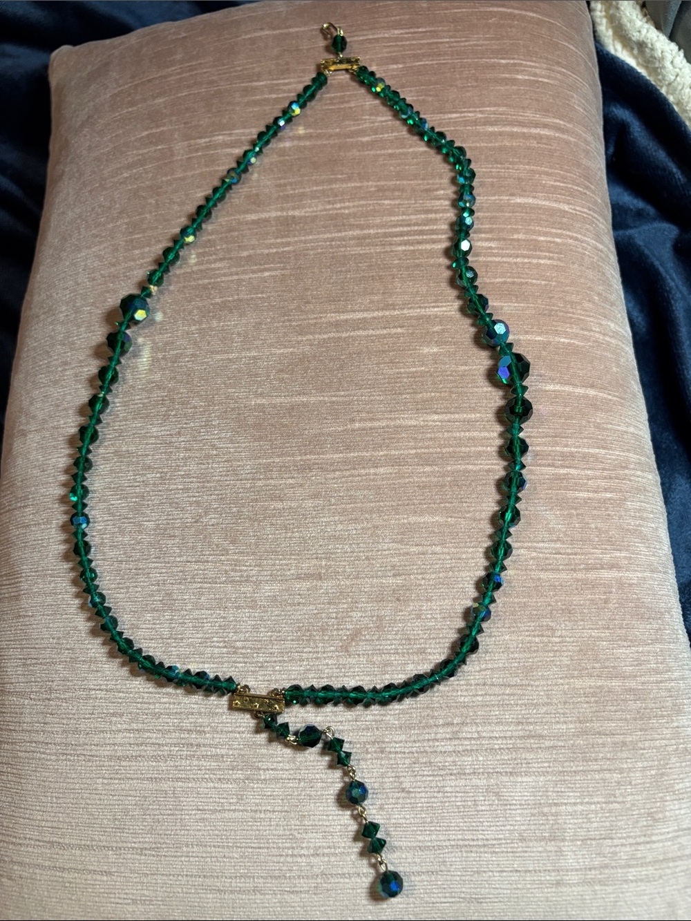 Green Crystal Y-Drop Necklace with Gold Accents